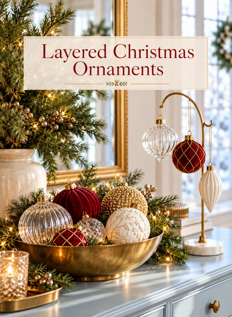 Text overlay reading A Christmas Ornament Display in Velvet Glass and Ceramic over contrast among velvet ribbed glass ceramic and gold