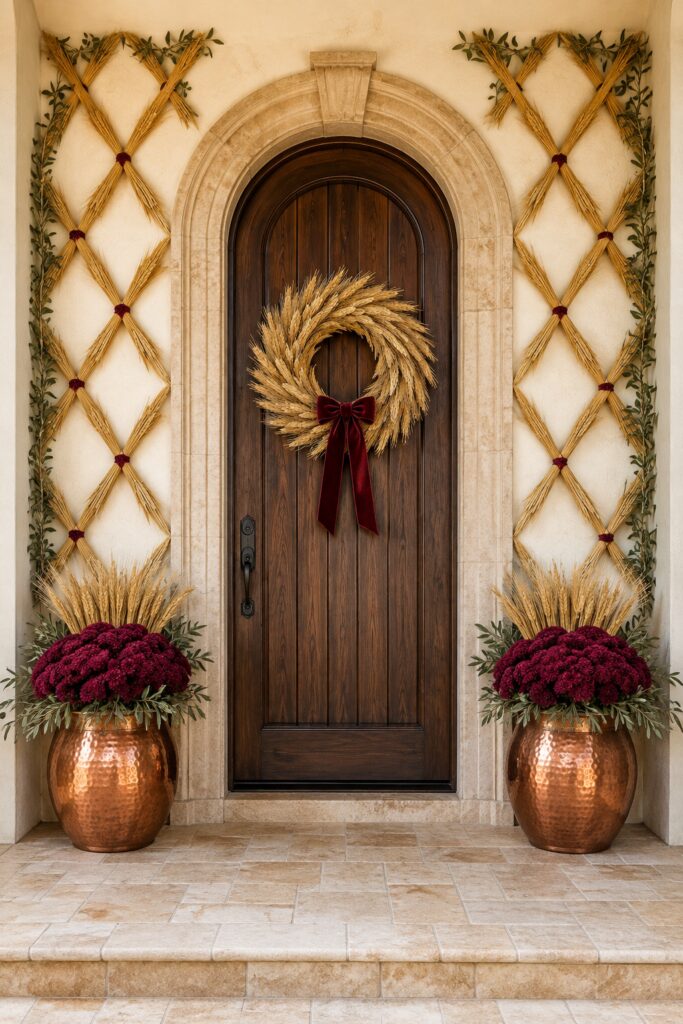Thanksgiving porch with wheat lattice burgundy bows copper urns and an arched wood door