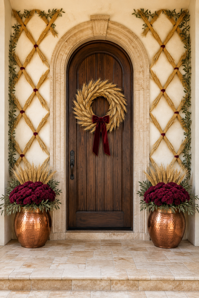 Thanksgiving porch with wheat lattice burgundy bows copper urns and an arched wood door