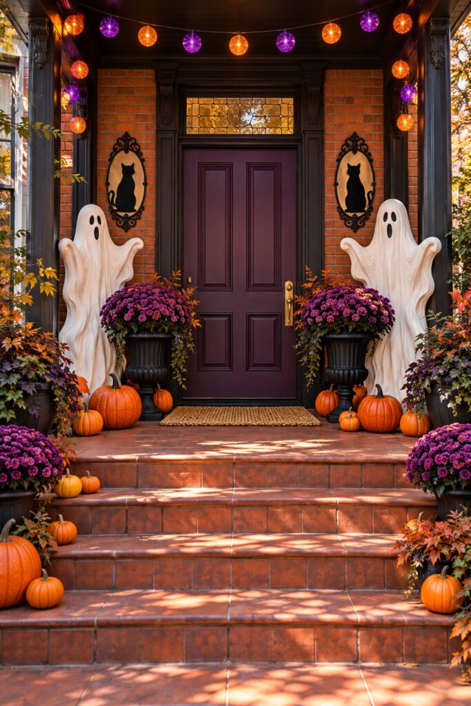 Brick rowhouse porch with two white ghosts plum door purple mums pumpkins and black cat wall plaques