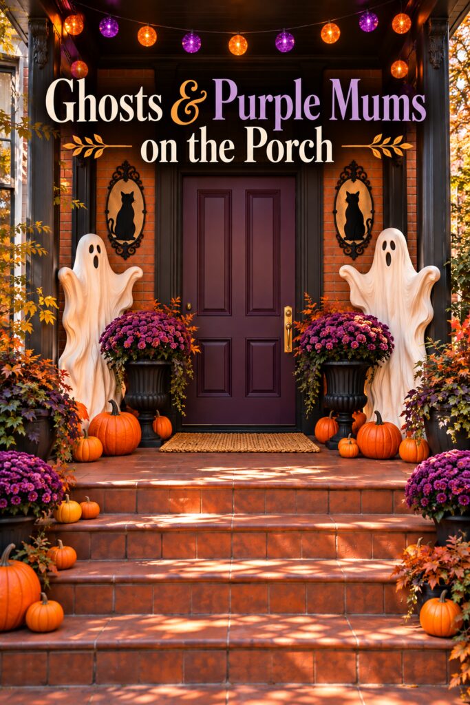 Halloween rowhouse porch with white ghosts and purple mums under text title