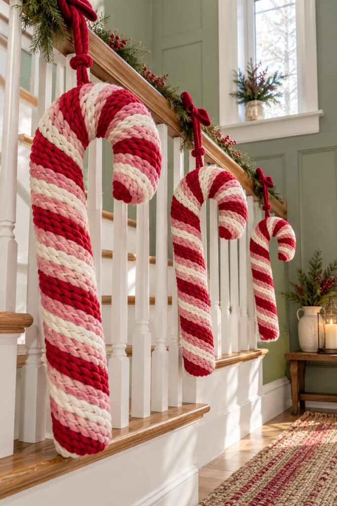 Three oversized red pink and ivory yarn candy canes hanging beside white staircase balusters under evergreen garland