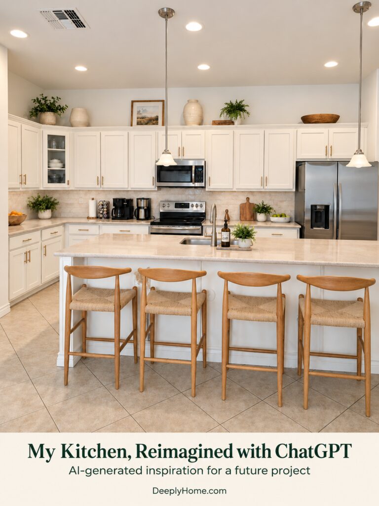 kitchen with island and cream cabinets with gold handles and pulls and stainless appliances