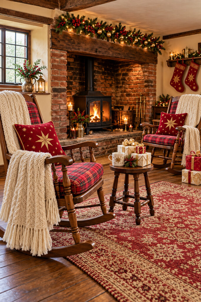 Two wooden rocking chairs with red tartan cushions ivory knitted throws and gold accented pillows sit near a brick Christmas hearth with a black stove and wrapped gifts