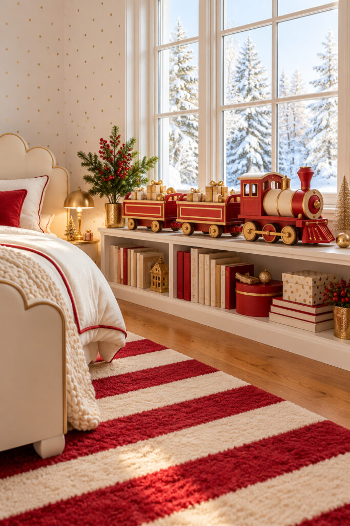 A red and ivory wooden toy train with gold wheels and gift filled carriages sits beneath a window beside a scalloped bed in a Christmas child bedroom