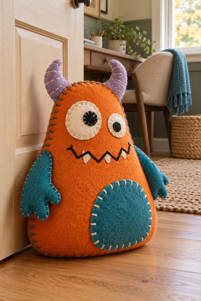 Orange felt Halloween monster with uneven cream eyes lilac horns teal arms and a stitched belly beside a wooden office door