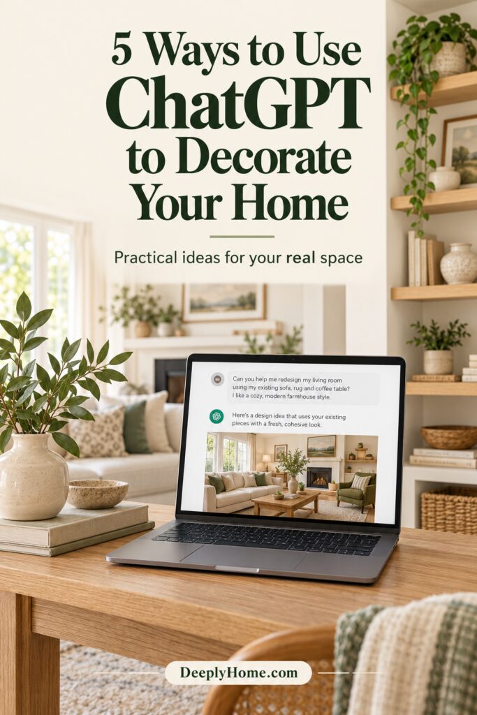 blog post header image says 5 ways to use chatgtp to decorate your home - practical ideas for your real space with family room in the background
