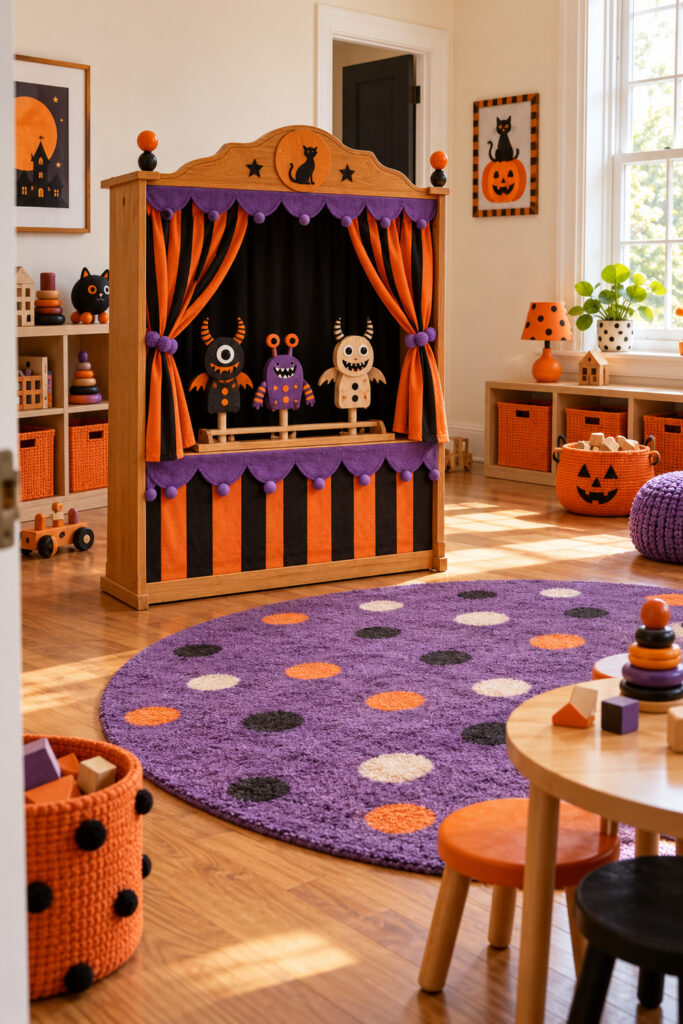 A wooden Halloween puppet theater with orange and black curtains purple trim and three monster puppets stands in a playroom with toy cubbies and a purple rug