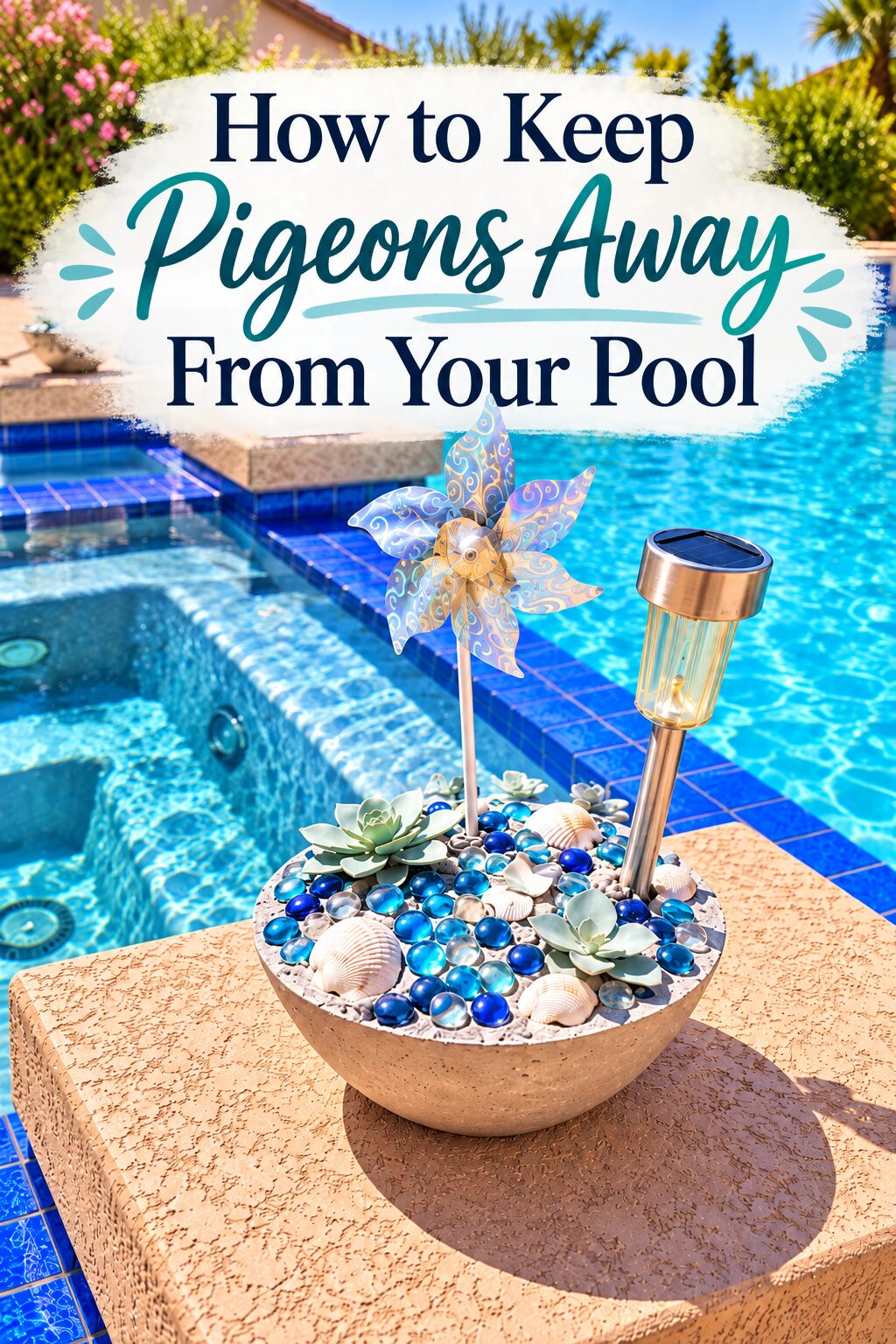 concrete bowl with blue glass and pinwheel by blue tiled pool in sunlight and text on top that says how to keep pigeons away from your pool