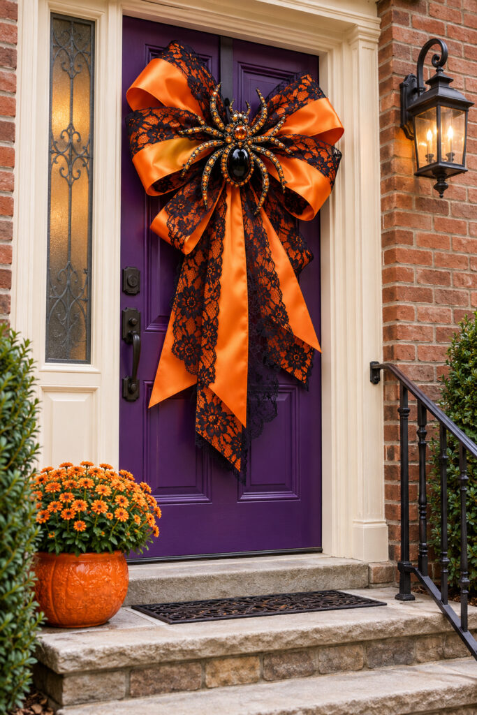 A large orange satin and black lace bow with a black and orange jeweled spider decorates a purple front door above stone steps beside orange flowers