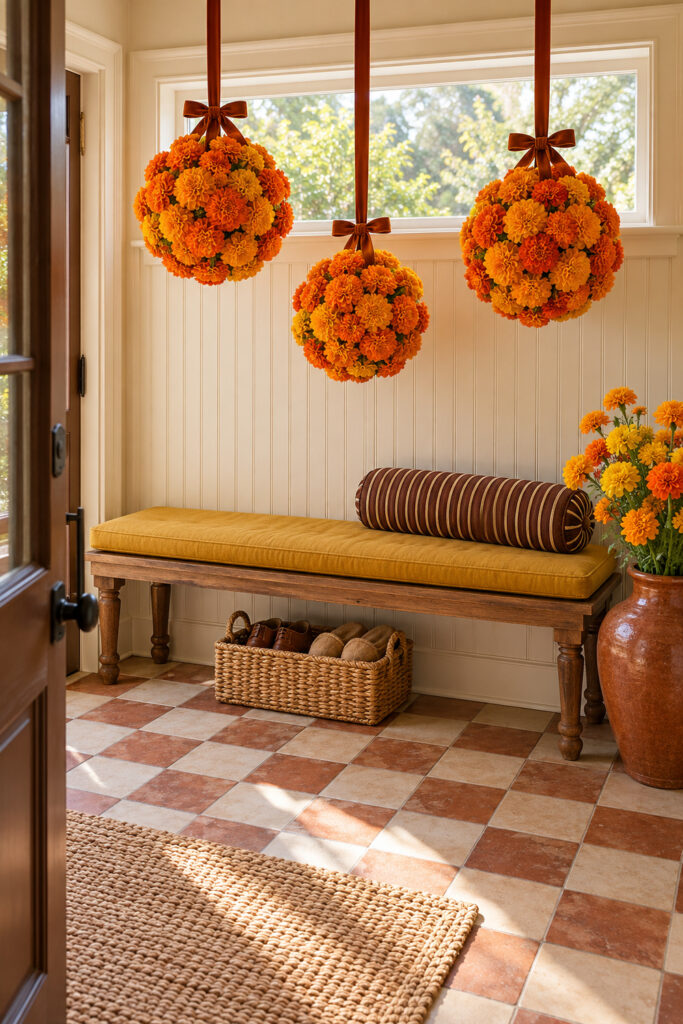 Three orange and mustard marigold flower spheres hang from cinnamon ribbons above a wooden bench with a mustard cushion and brown striped bolster