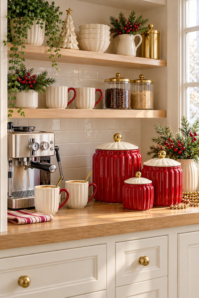 Three red fluted ceramic canisters with ivory lids and gold knobs sit at a Christmas coffee bar beside an espresso machine ivory mugs and oak shelves