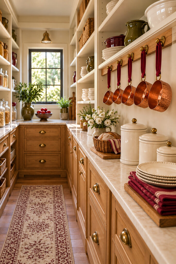 Five hammered copper measuring cups hang from burgundy ribbons in an ivory and oak pantry above canisters bread and stacked plates beside a rear window