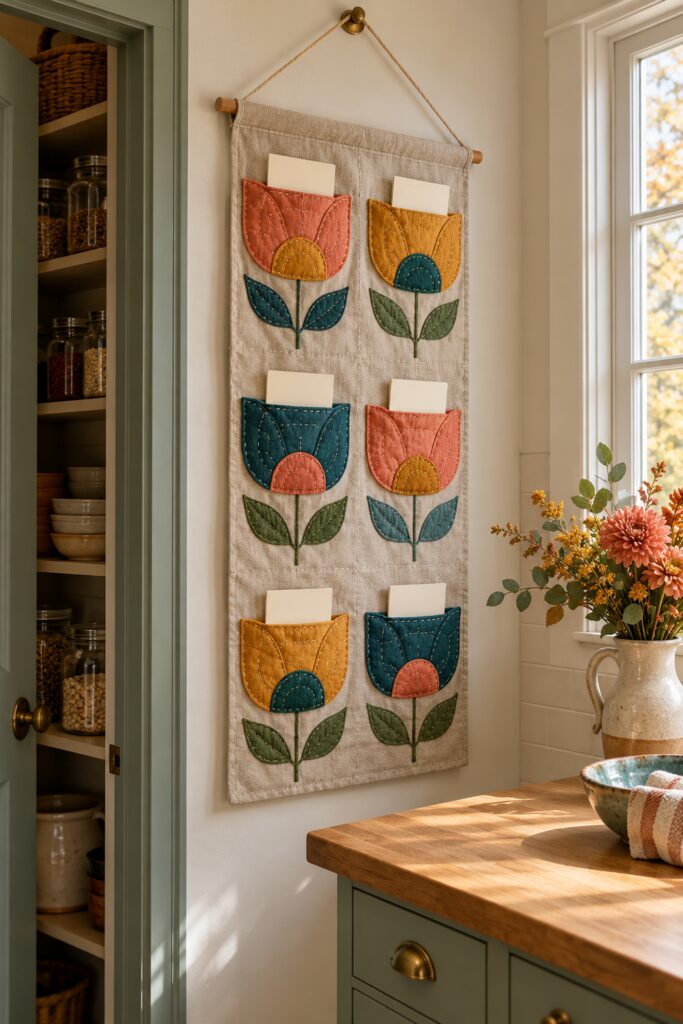 Linen Thanksgiving banner with six coral mustard and teal flower pockets holding cream cards beside a kitchen pantry
