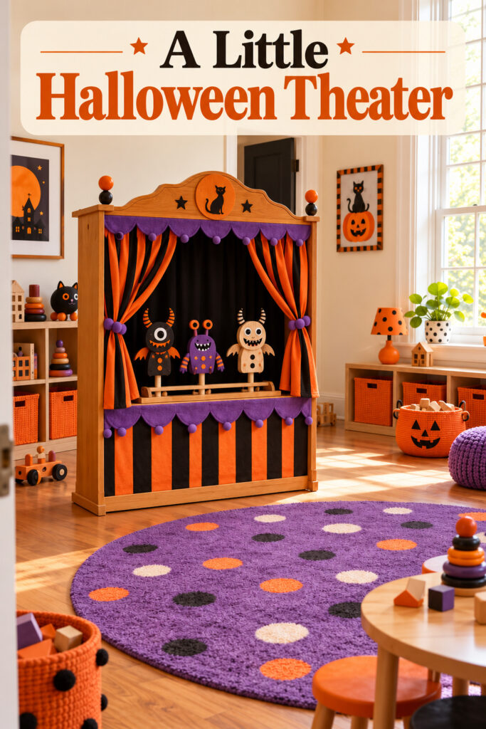 A Little Halloween Theater headline above a wooden Halloween puppet theater with orange and black curtains purple trim and three monster puppets stands in a playroom with toy cubbies and a purple rug