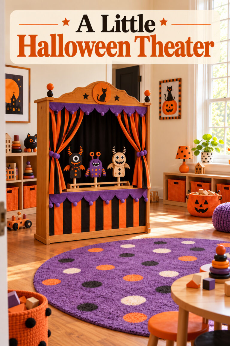 A Little Halloween Theater headline above a wooden Halloween puppet theater with orange and black curtains purple trim and three monster puppets stands in a playroom with toy cubbies and a purple rug