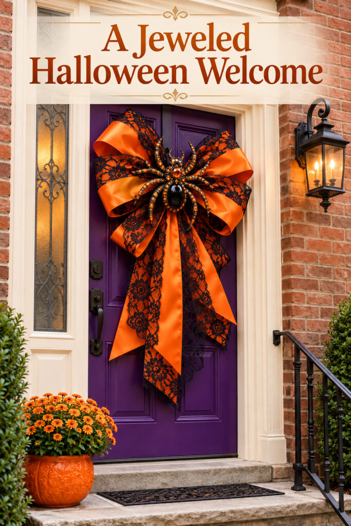 A Jeweled Halloween Welcome headline above a large orange satin and black lace bow with a black and orange jeweled spider decorates a purple front door above stone steps beside orange flowers