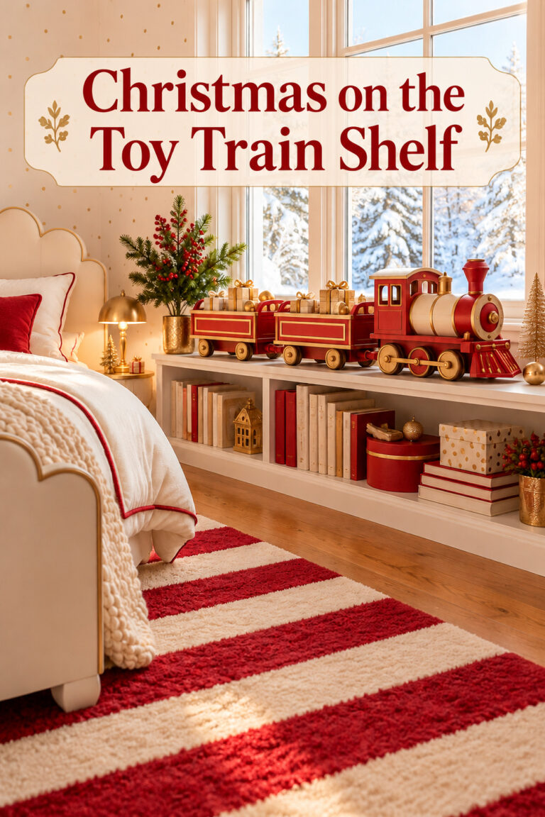 Christmas on the Toy Train Shelf headline above a red and ivory wooden toy train with gold wheels and gift filled carriages sits beneath a window beside a scalloped bed in a Christmas child bedroom