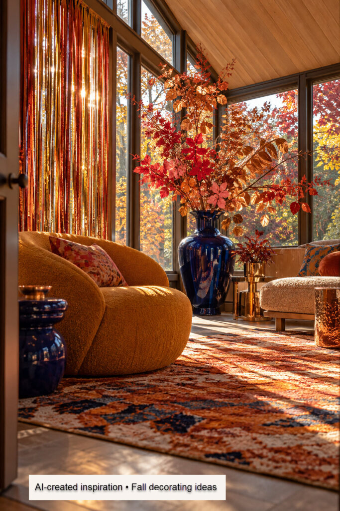 fall living room with orange floral stems in cobalt vases and plus rust reading chair on colorful rug