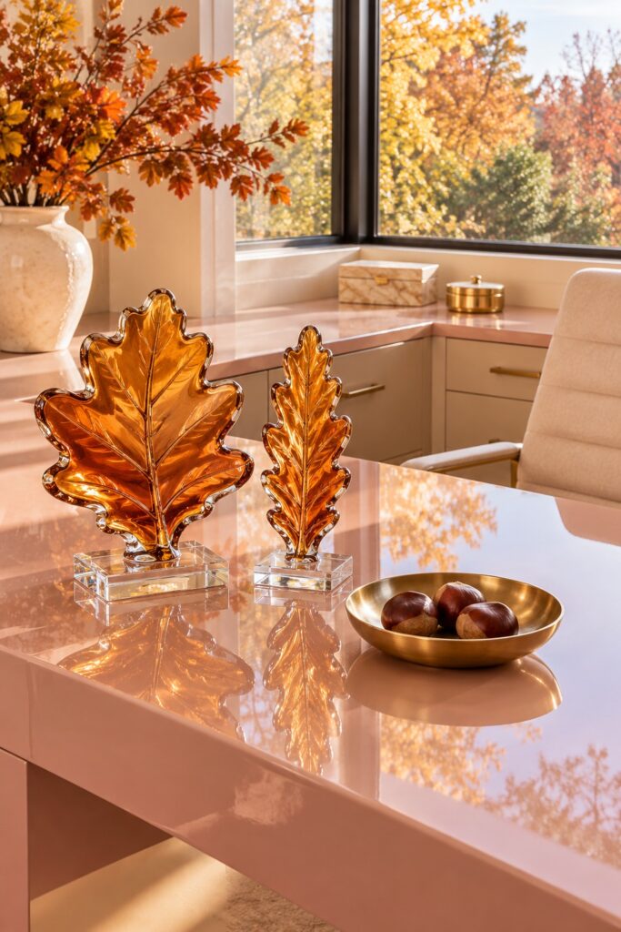Two amber glass leaf sculptures and a brass dish on a glossy blush desk beside corner windows