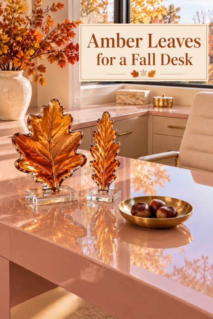 Amber leaf sculptures on a blush desk with the words Amber Leaves for a Fall Desk