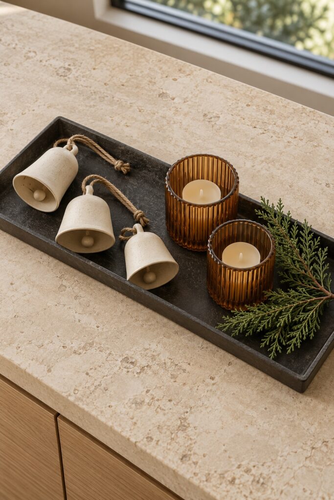 Ivory bells with natural cord loops rest beside two amber candleholders and cedar on a charcoal tray