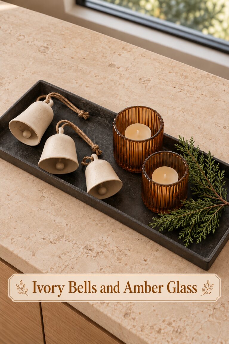 Christmas accessory tray with the words Ivory Bells and Amber Glass