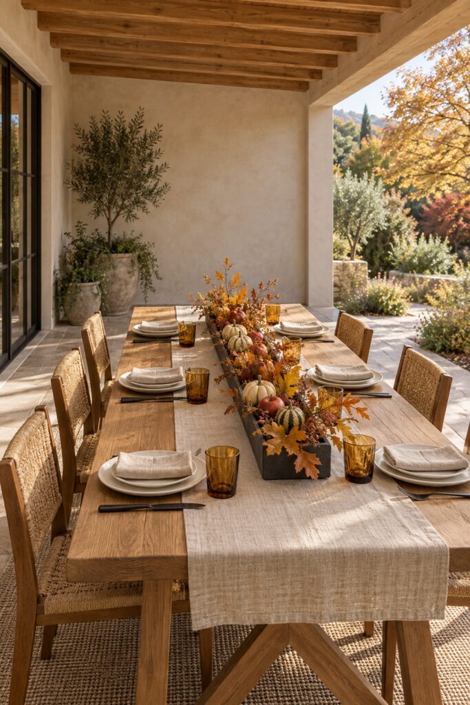 Amber foliage pale gourds and apples fill a long charcoal trough on a Thanksgiving table with ivory plates