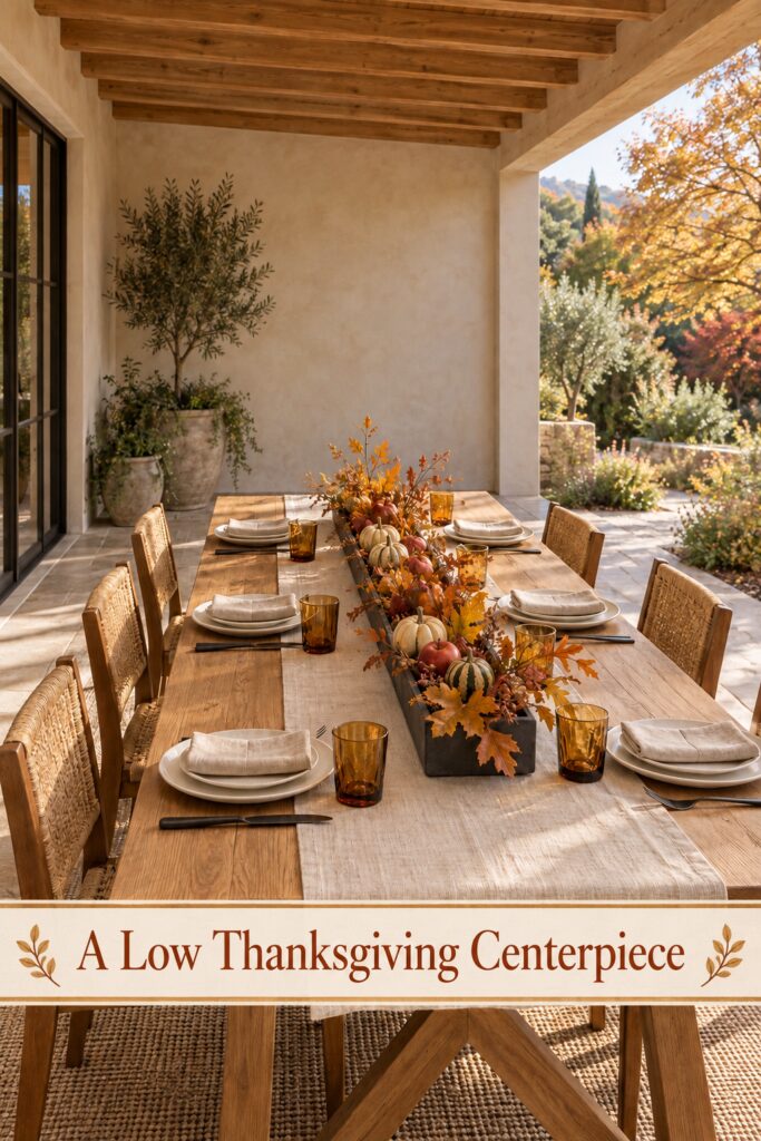 Harvest table centerpiece with the words A Low Thanksgiving Centerpiece