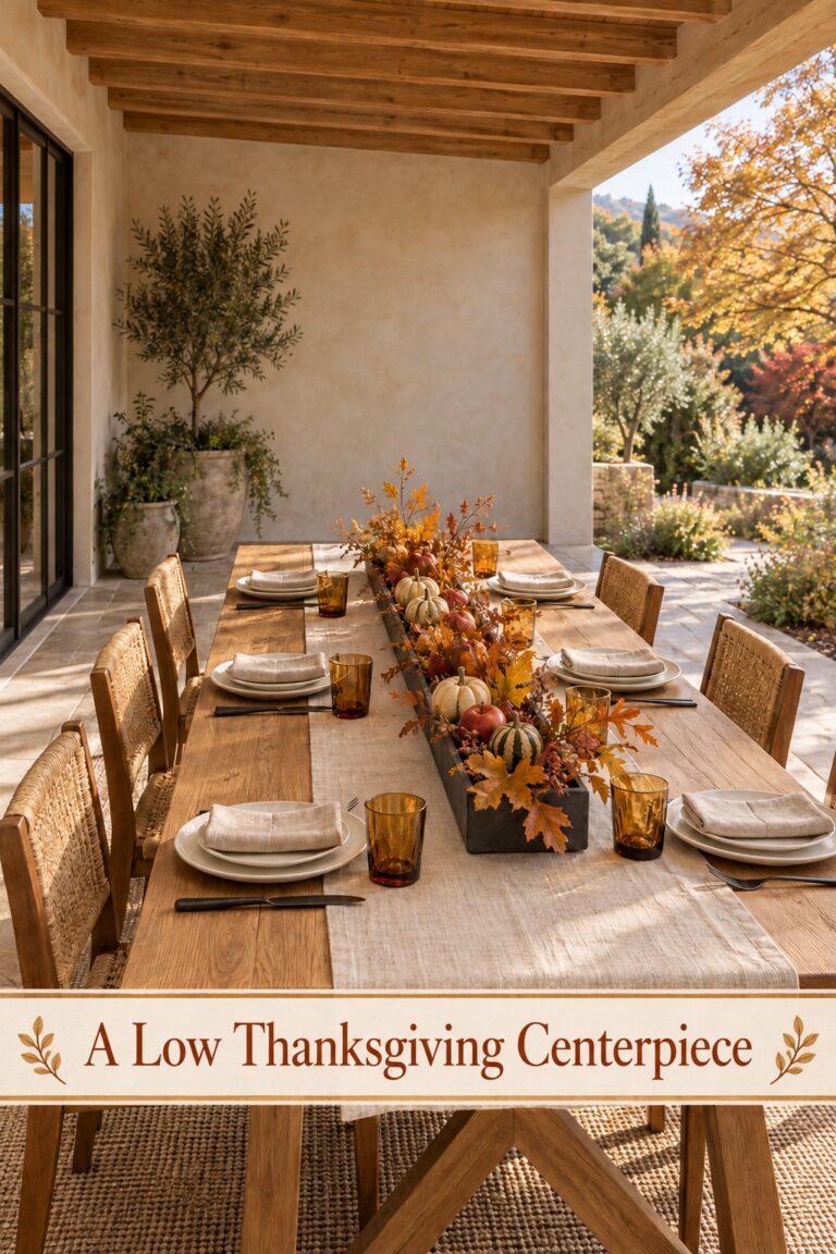 Harvest table centerpiece with the words A Low Thanksgiving Centerpiece