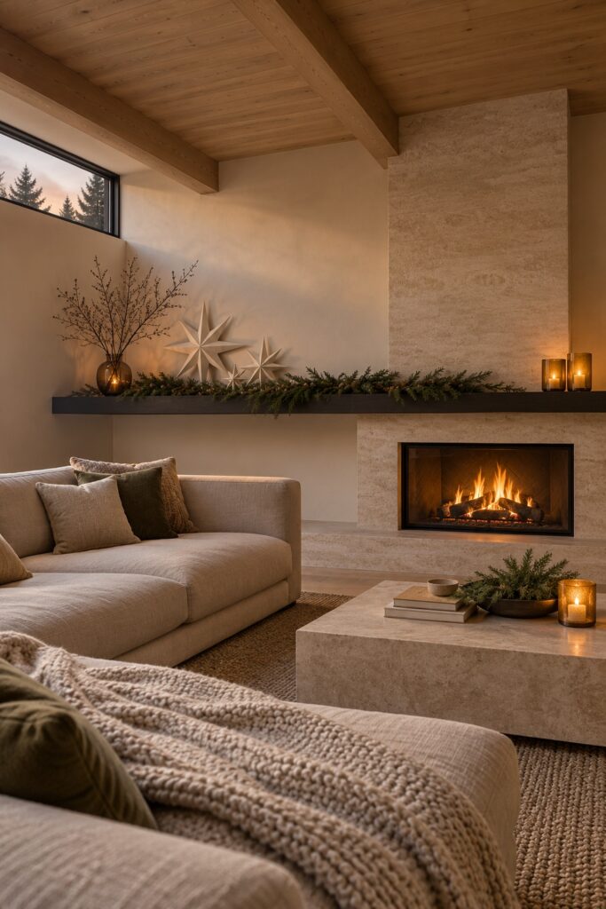 Cream stars and sparse greenery sit on a dark mantel above a fireplace beside oatmeal seating and amber glass