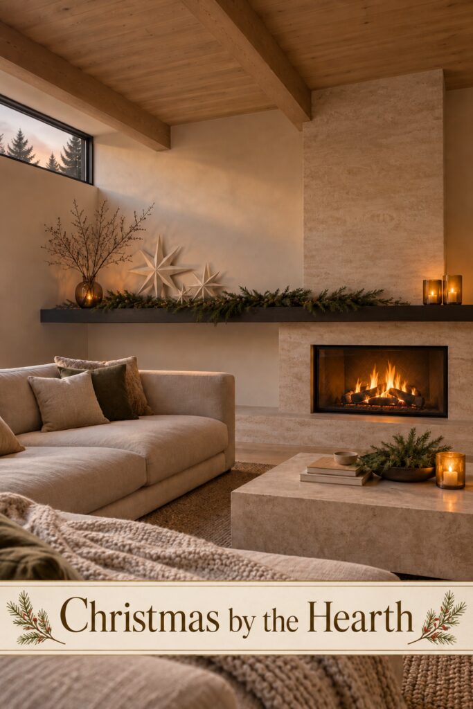 Neutral Christmas fireplace room with the words Christmas by the Hearth