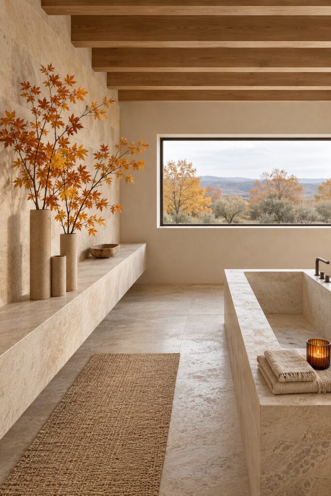 Amber maple branches rise from pale cylindrical vases beside a stone bathtub and folded towels