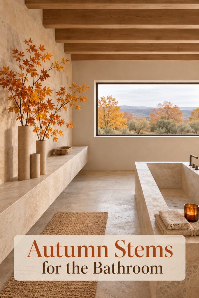 Fall bathroom branch arrangement with the words Autumn Stems for the Bathroom