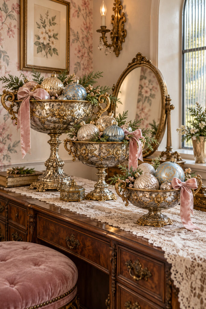Three ornate silver and gold compotes filled with pastel Christmas baubles greenery and rose velvet bows on a lace covered cabinet