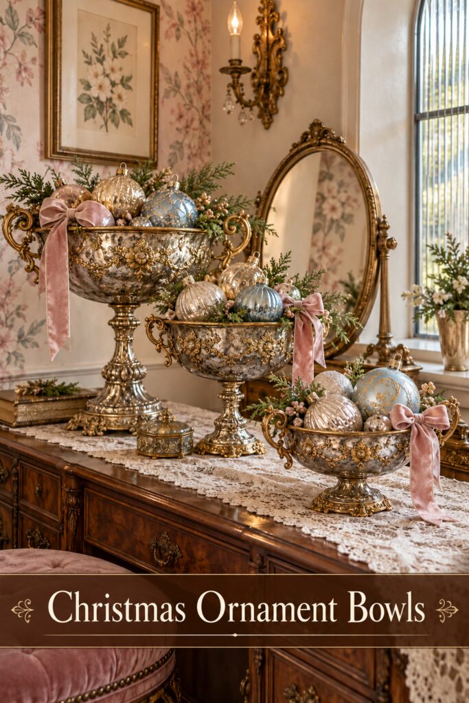 Christmas Ornament Bowls headline over three ornate silver and gold compotes filled with pastel Christmas baubles greenery and rose velvet bows on a lace covered cabinet