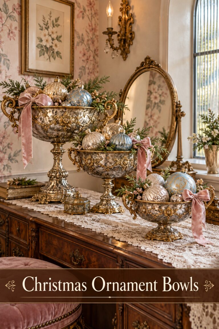Christmas Ornament Bowls headline over three ornate silver and gold compotes filled with pastel Christmas baubles greenery and rose velvet bows on a lace covered cabinet