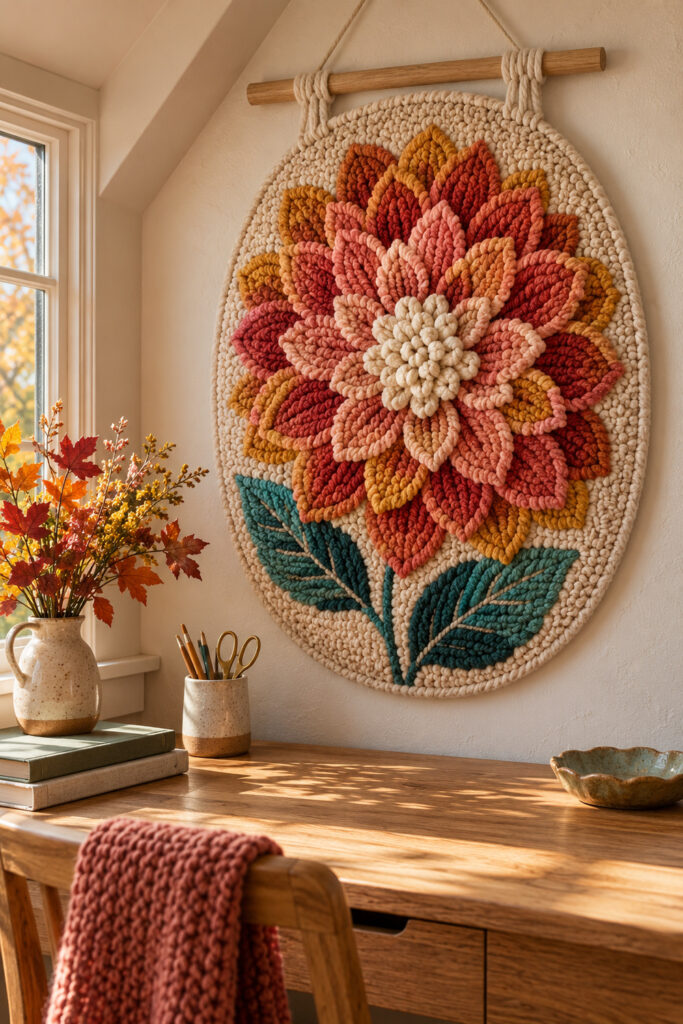 Oval cream yarn wall hanging with raised coral rust blush and mustard dahlia petals and two teal leaves above an oak desk