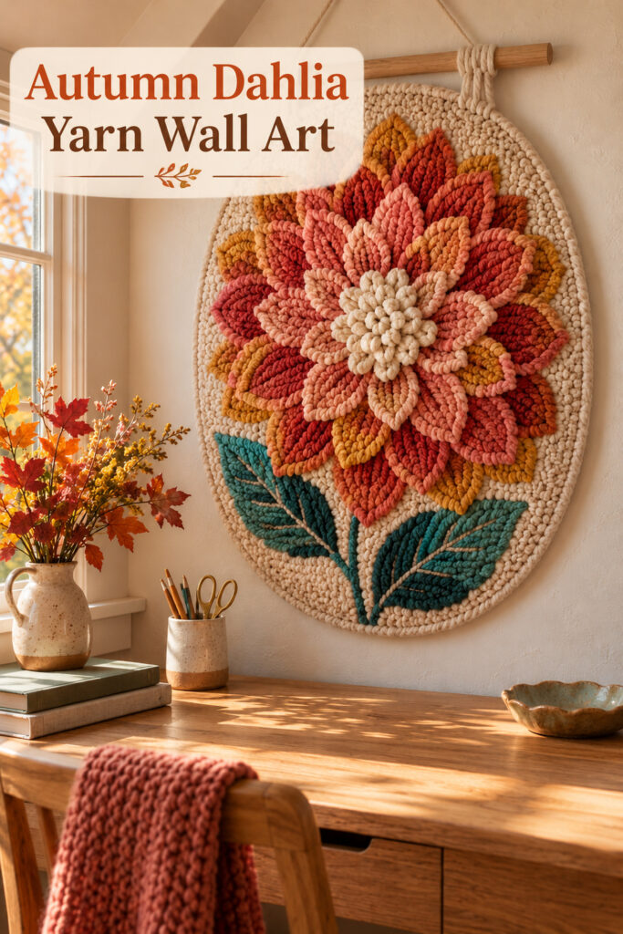Raised yarn dahlia hanging over a desk with text Autumn Dahlia Yarn Wall Art