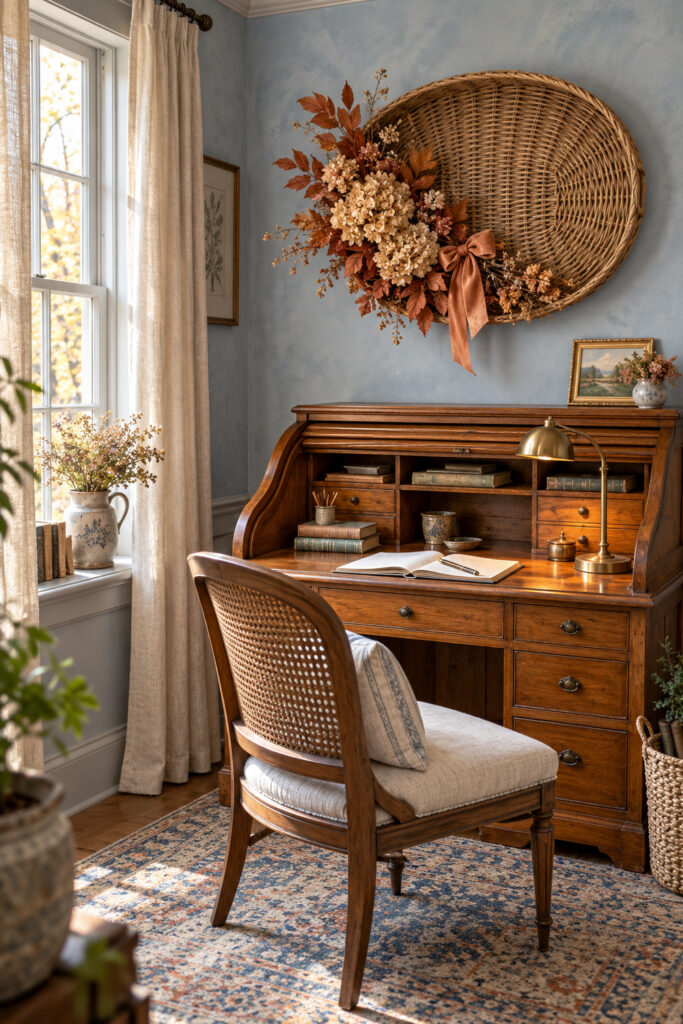 Oval woven wall basket with pale hydrangeas copper leaves and an apricot bow above an oak rolltop writing desk