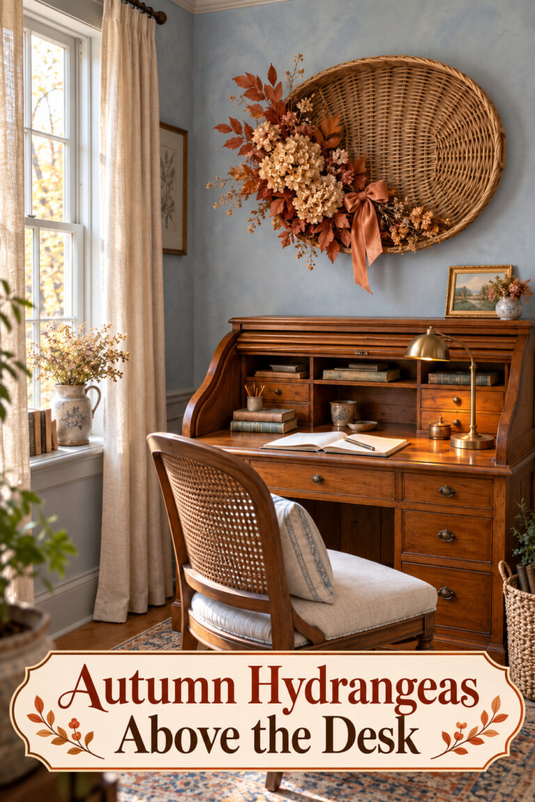 Autumn floral basket above a rolltop desk with the headline Autumn Hydrangeas Above the Desk