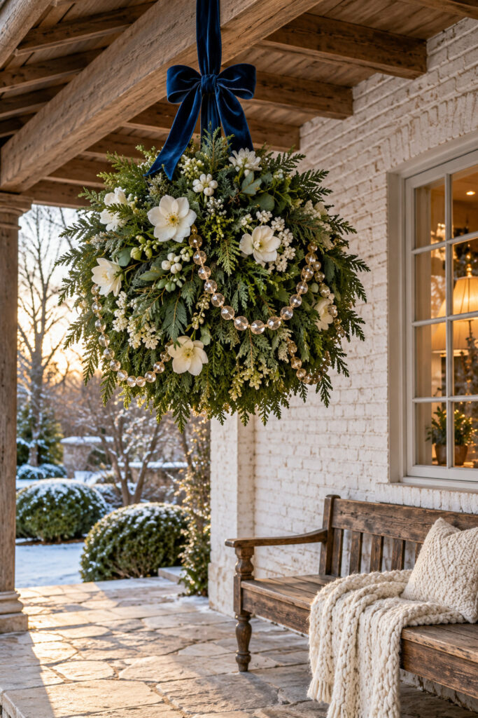 White flower and evergreen kissing ball draped with champagne beads and a sapphire velvet bow hanging above a snowy farmhouse porch bench