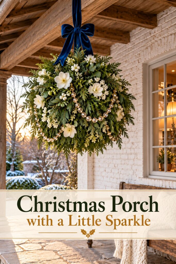 Evergreen ball with white flowers and blue bow above porch seating with text Christmas Porch with a Little Sparkle