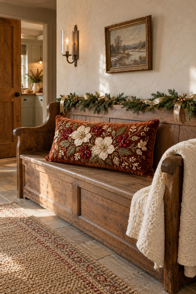 Cinnamon velvet cushion embroidered with ivory flowers green leaves and ruby bead berries on an oak settle with Christmas greenery
