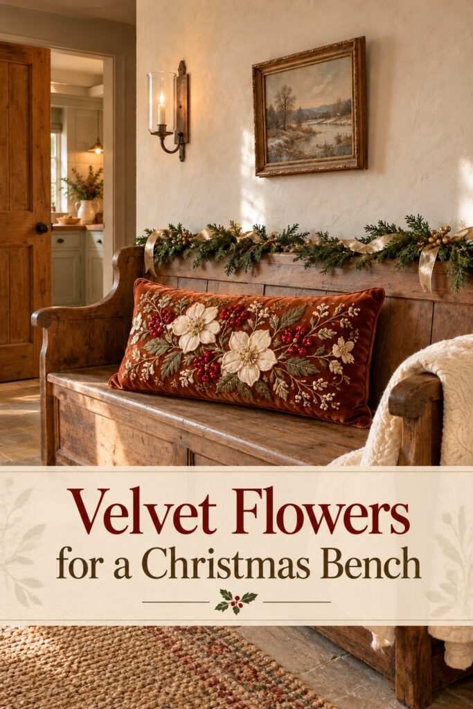 Ivory floral embroidery on a cinnamon velvet bench cushion with text Velvet Flowers for a Christmas Bench