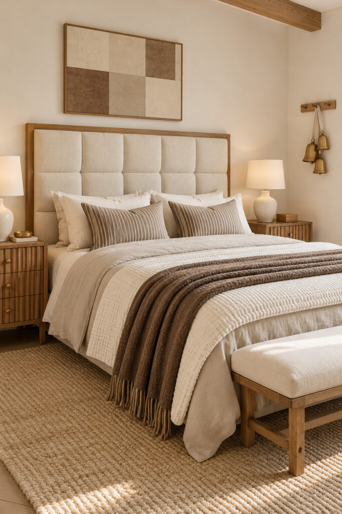 Ivory square tufted headboard behind flax bedding cream coverlet and cocoa throw with brass bells on a side wall