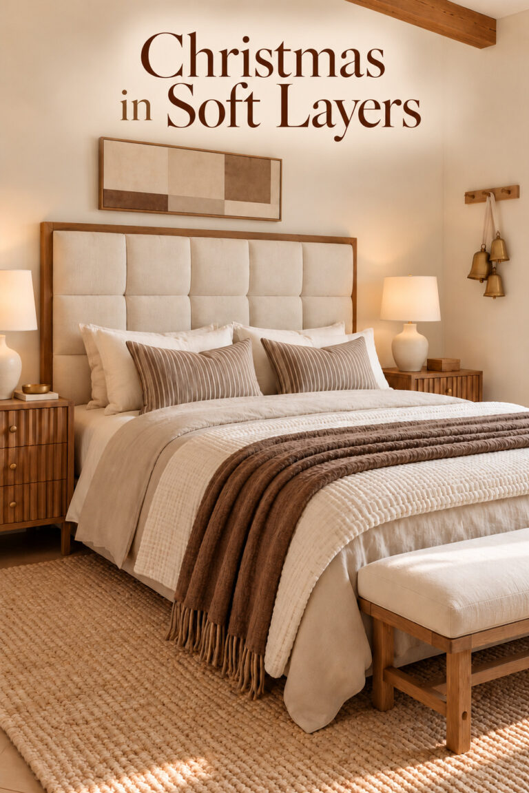 Christmas in Soft Layers headline above a padded ivory headboard neutral bedding and brass Christmas bells