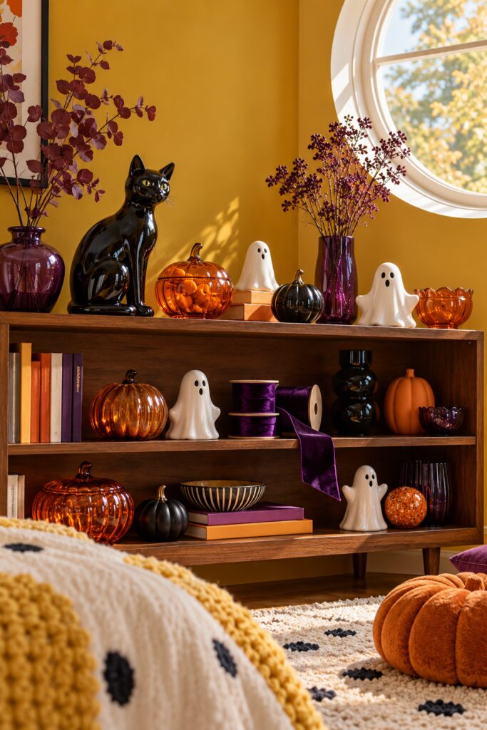 Wood Halloween bookshelf with a glossy black cat orange glass pumpkins white ghosts and purple vases beneath a round window