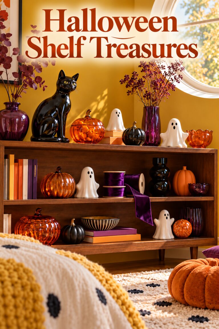Halloween Shelf Treasures headline over a black cat orange glass pumpkins and white ghost ornaments on wood shelves