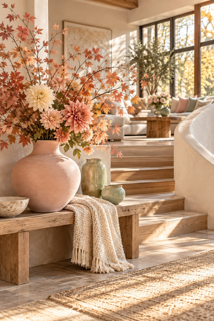 Peach autumn branches and blush and cream flowers rise from a rounded pink vase on a wood bench beside sunroom steps